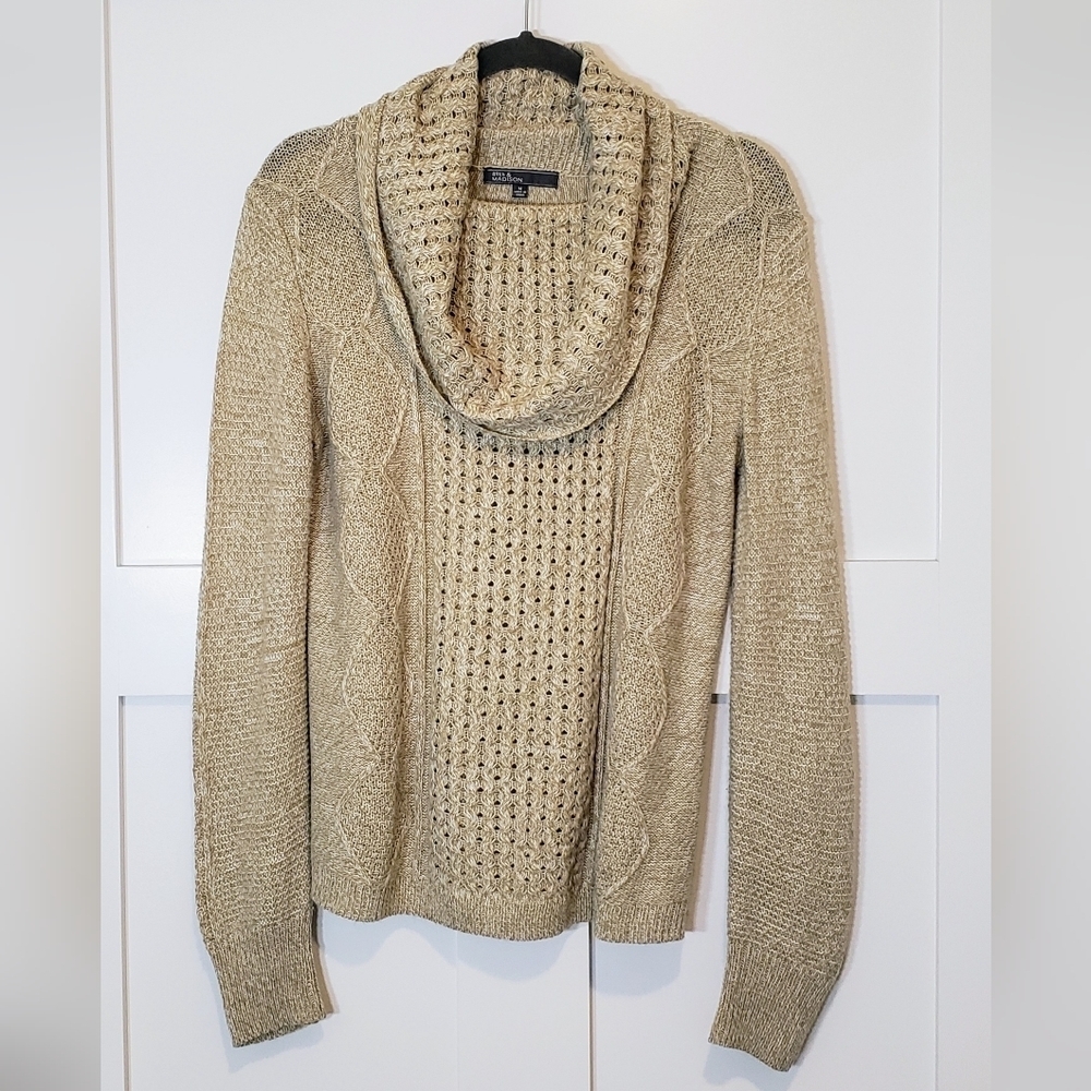 89th & Madison Size Medium Sweater Heathered Tan Open Knit Lightweight Cowl Neck